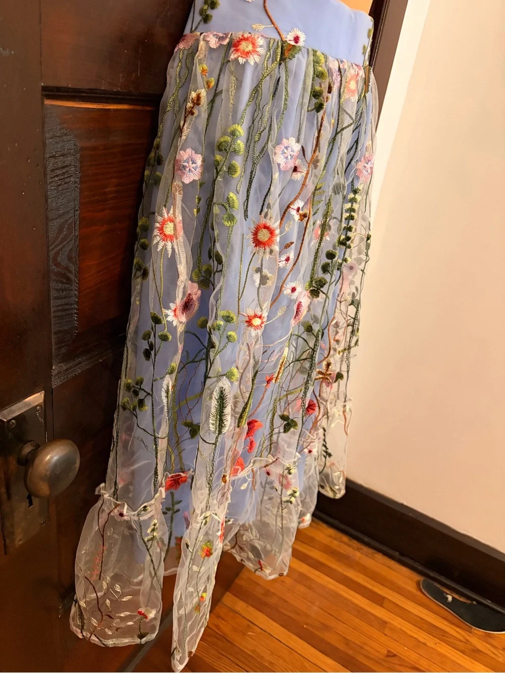 Embroidered Floral Blue Midi Skirt